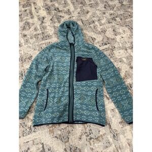 LL Bean Mountain Classic Fleece Hoodie Teal Fair Isle Full Zip Jacket 514463 M